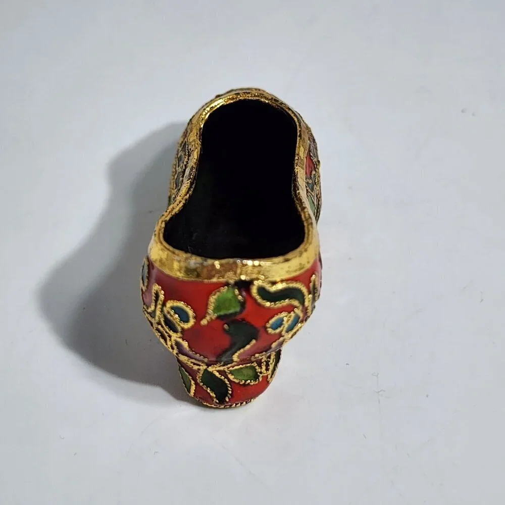Enameled Cloisonne Miniature Shoe With Floral Design & Gold Detailing
